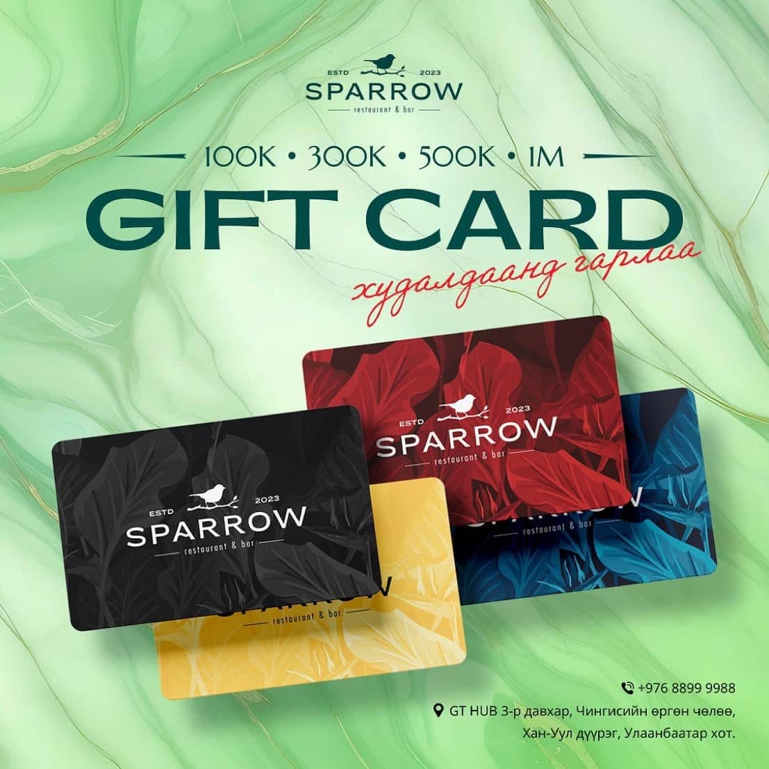 Sparrow gift cards in black, red, blue and gold